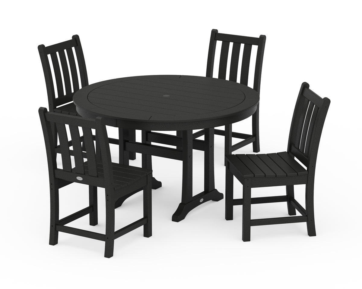 POLYWOOD Traditional Garden Side Chair 5-Piece Round Dining Set with Trestle Legs in Black