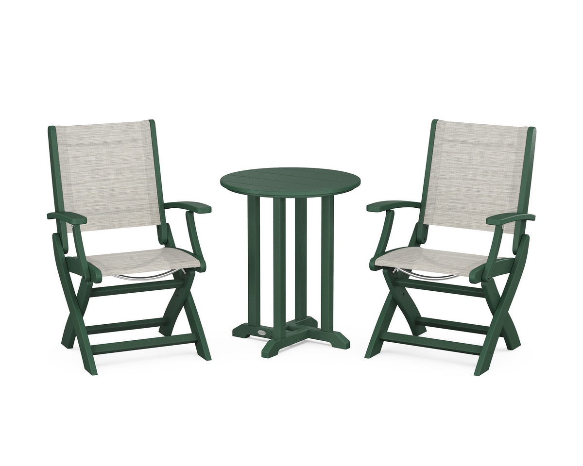POLYWOOD Coastal Folding 3-Piece Round Bistro Dining Set in Green / Birch