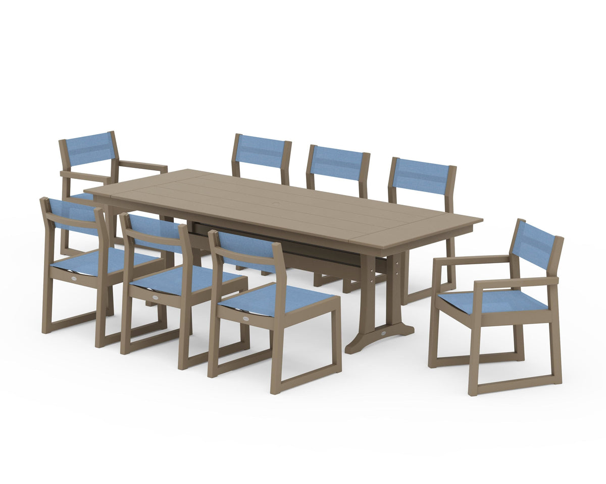 POLYWOOD EDGE Sling 9-Piece Farmhouse Trestle Dining Set in Vintage Sahara / Poolside