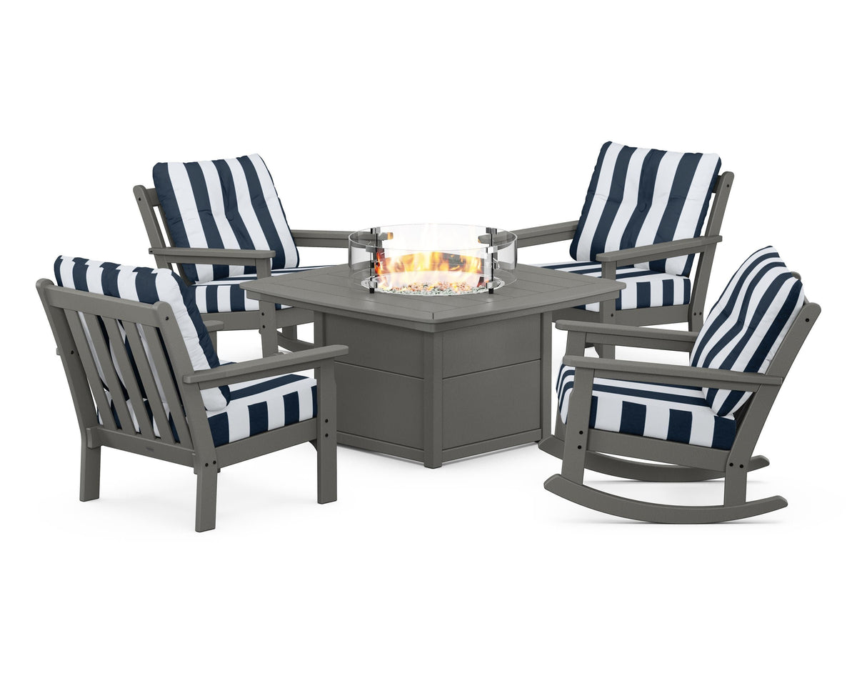 POLYWOOD Vineyard 5-Piece Deep Seating Rocking Chair Conversation Set with Fire Pit Table in Slate Grey / Cabana Stripe Marine Indigo