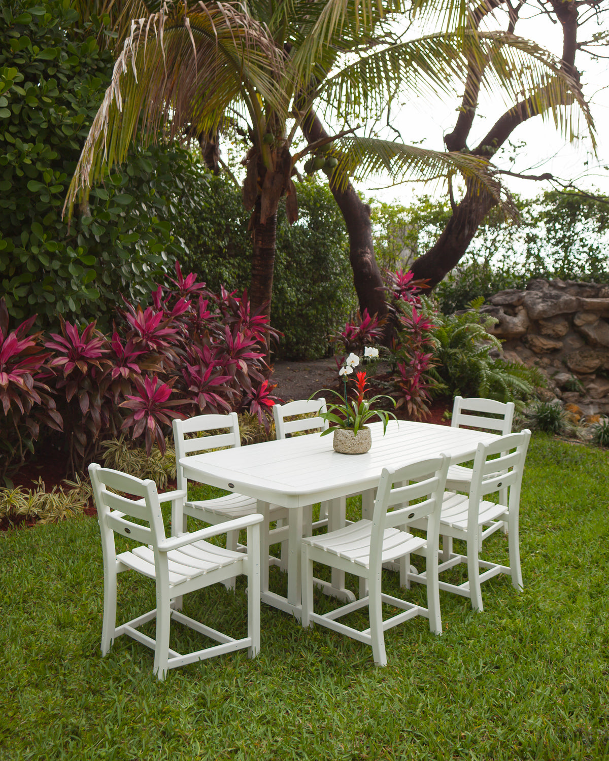 POLYWOOD La Casa Café 7-Piece Dining Set in White in an outdoor setting