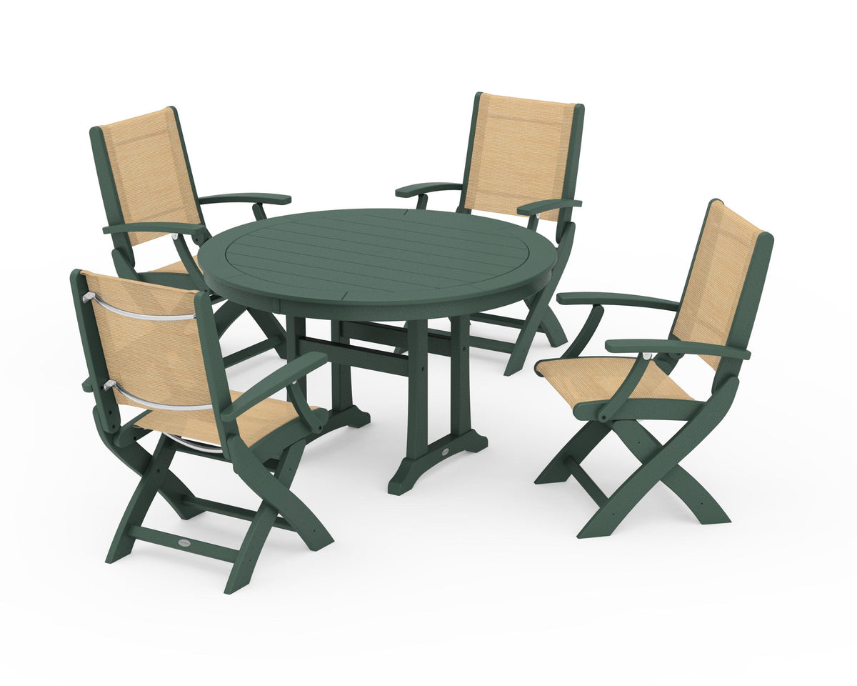 POLYWOOD Coastal Folding Chair 5-Piece Round Dining Set with Trestle Legs in Green / Dupioni Apricot