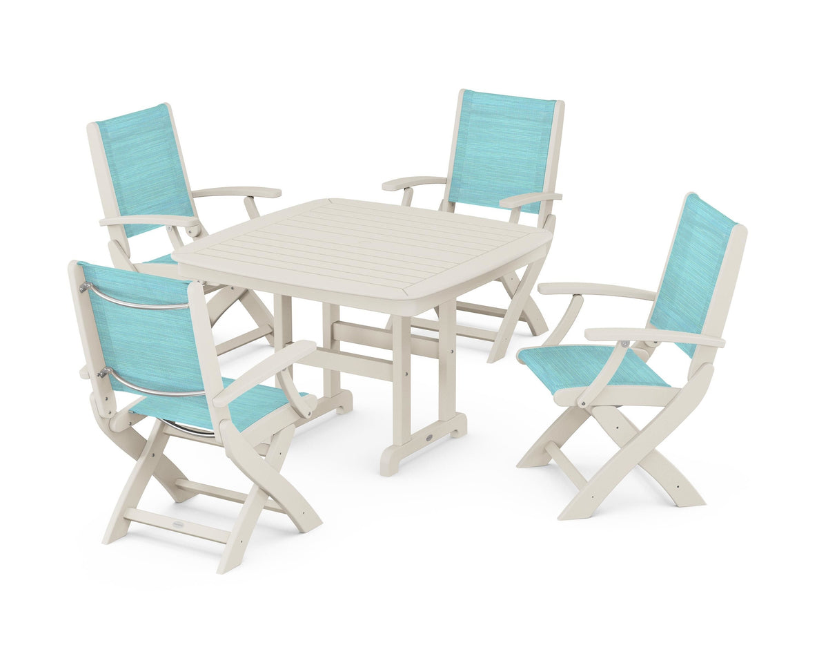 POLYWOOD Coastal Folding Chair 5-Piece Dining Set with Nautical 44" Dining Table in Sand / Dupioni Aquamarine