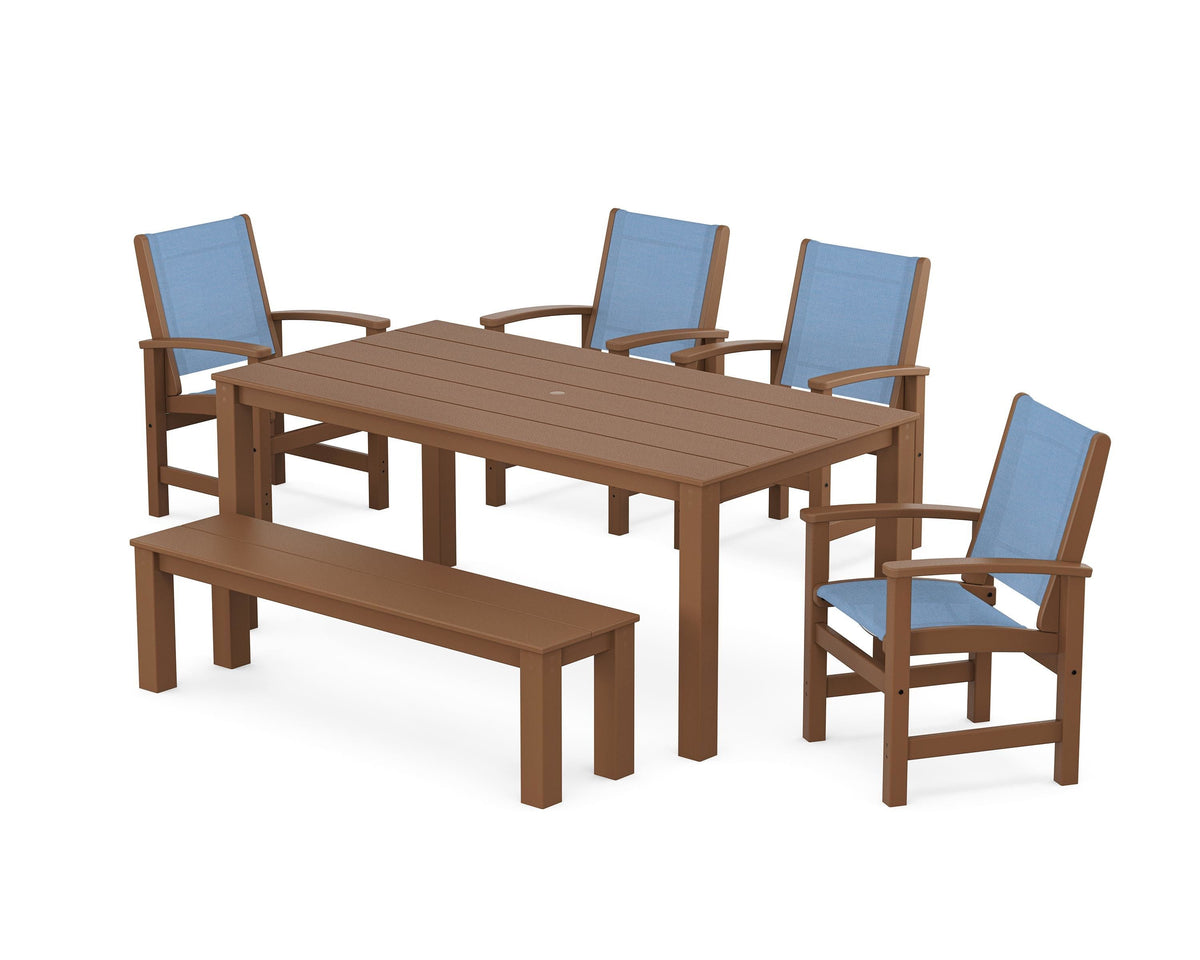 POLYWOOD Coastal 6-Piece Parsons Dining Set with Bench in Teak / Poolside