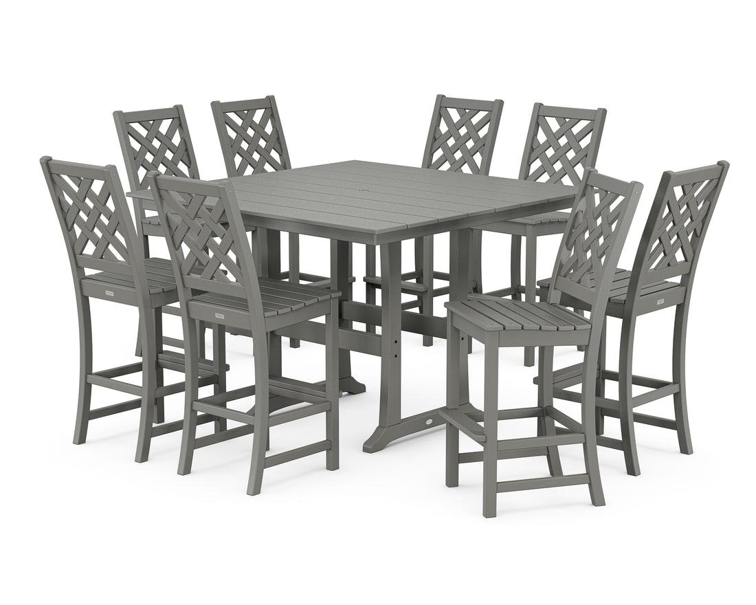 POLYWOOD Country Living Wovendale Side Chair 9-Piece Square Farmhouse Bar Set with Trestle Legs in Slate Grey