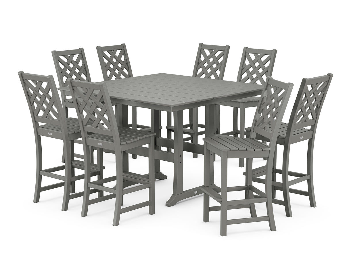 POLYWOOD Country Living Wovendale Side Chair 9-Piece Square Farmhouse Bar Set with Trestle Legs in Slate Grey