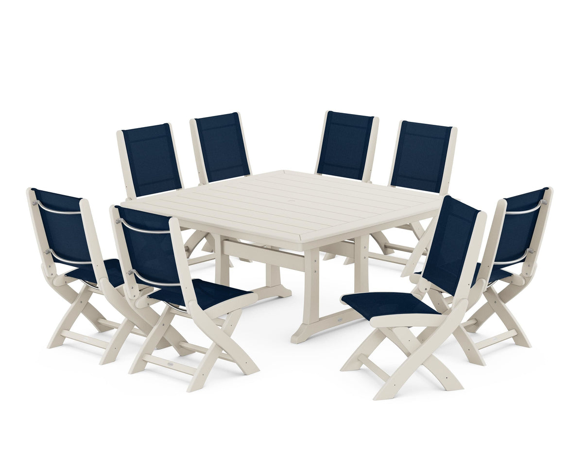POLYWOOD Coastal Folding Side Chair 9-Piece Dining Set with Trestle Legs in Sand / Navy Blue