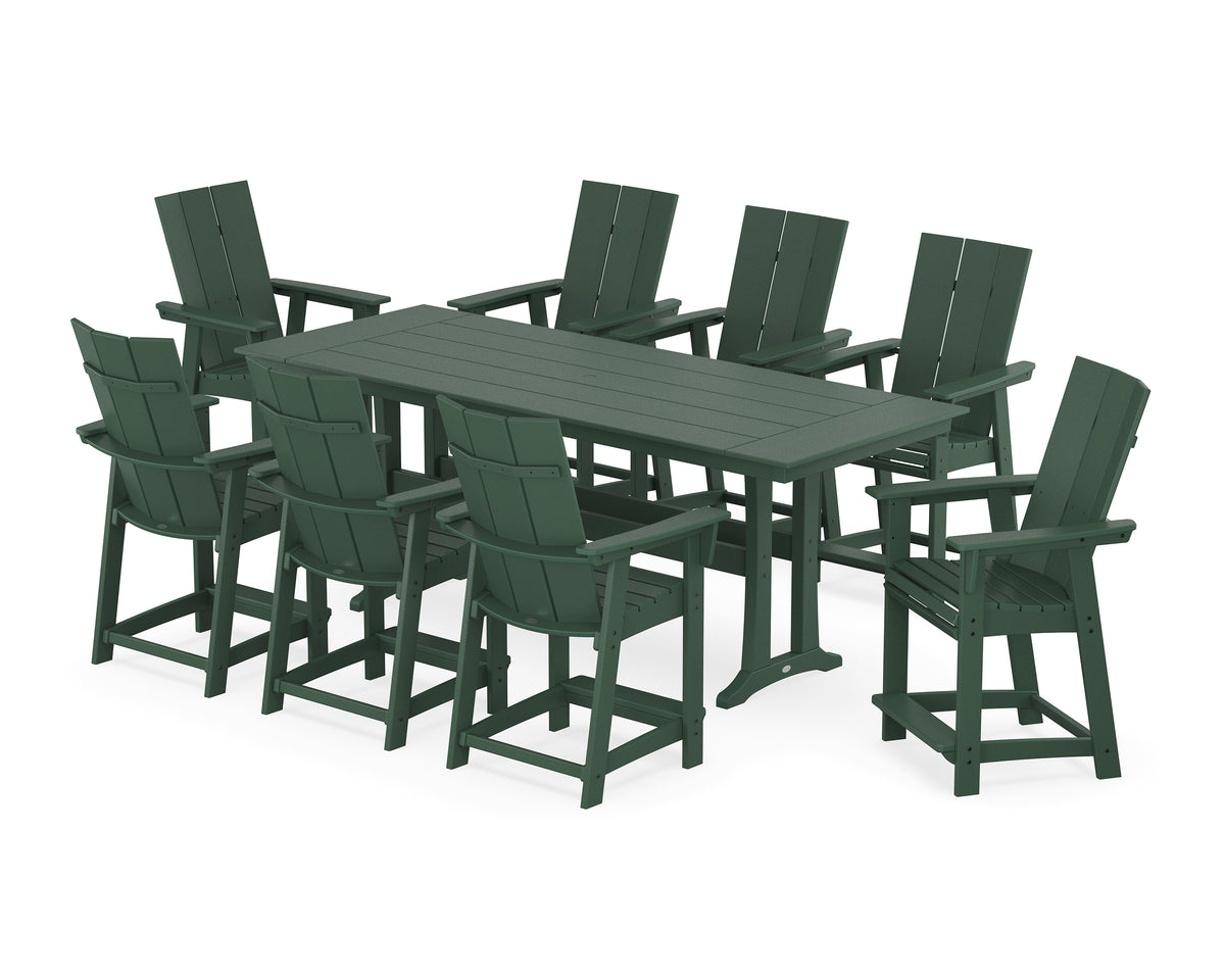 POLYWOOD Modern Curveback Adirondack 9-Piece Farmhouse Counter Set with Trestle Legs in Green