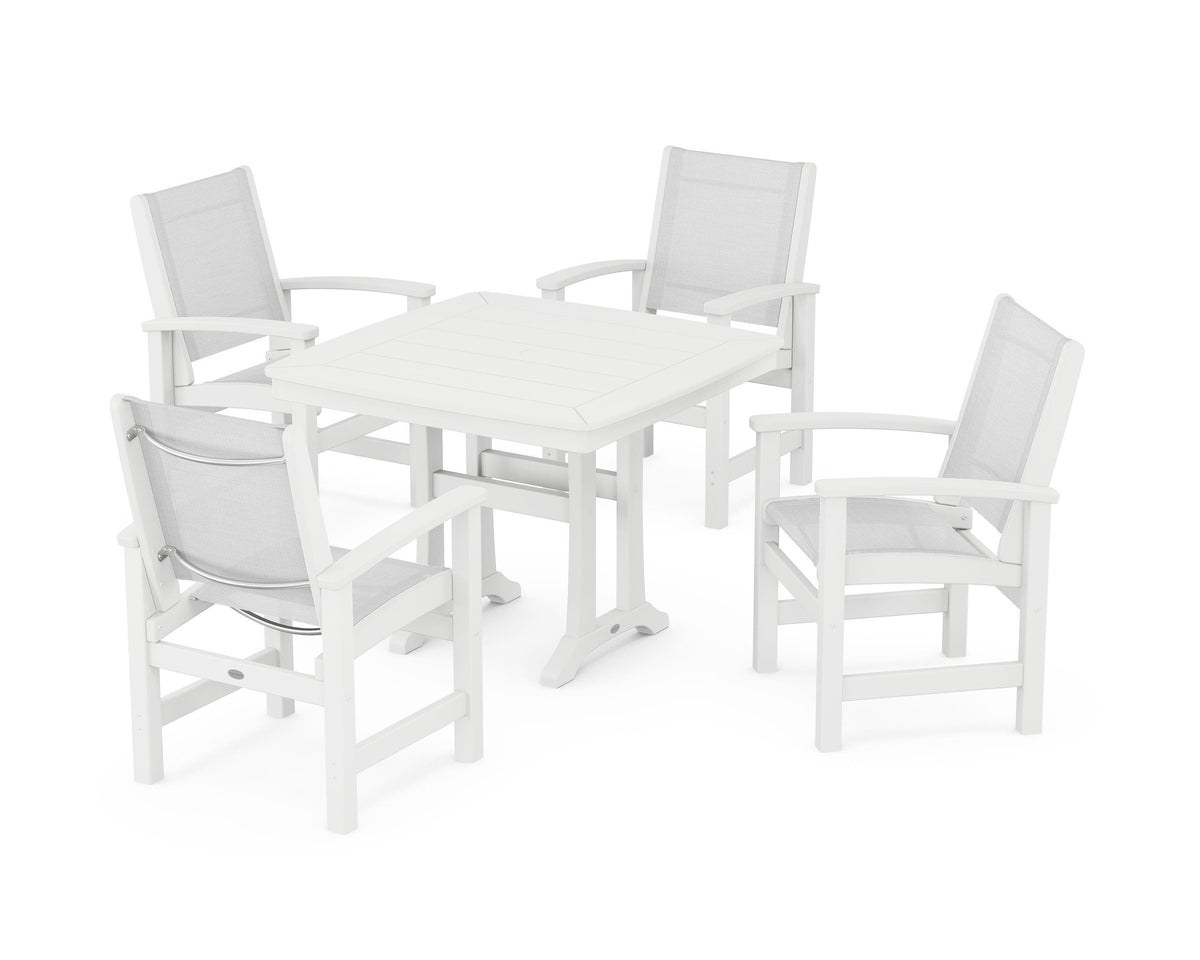POLYWOOD Coastal 5-Piece Dining Set with Trestle Legs with Nautical Trestle 37" Dining Table in White / White