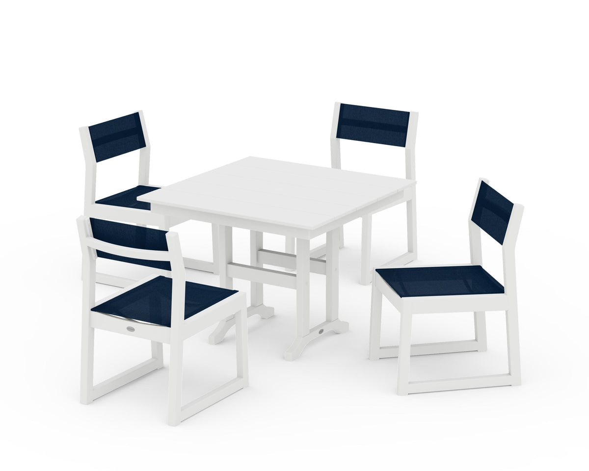 POLYWOOD EDGE Sling Side Chair 5-Piece Farmhouse Dining Set in White / Navy Blue