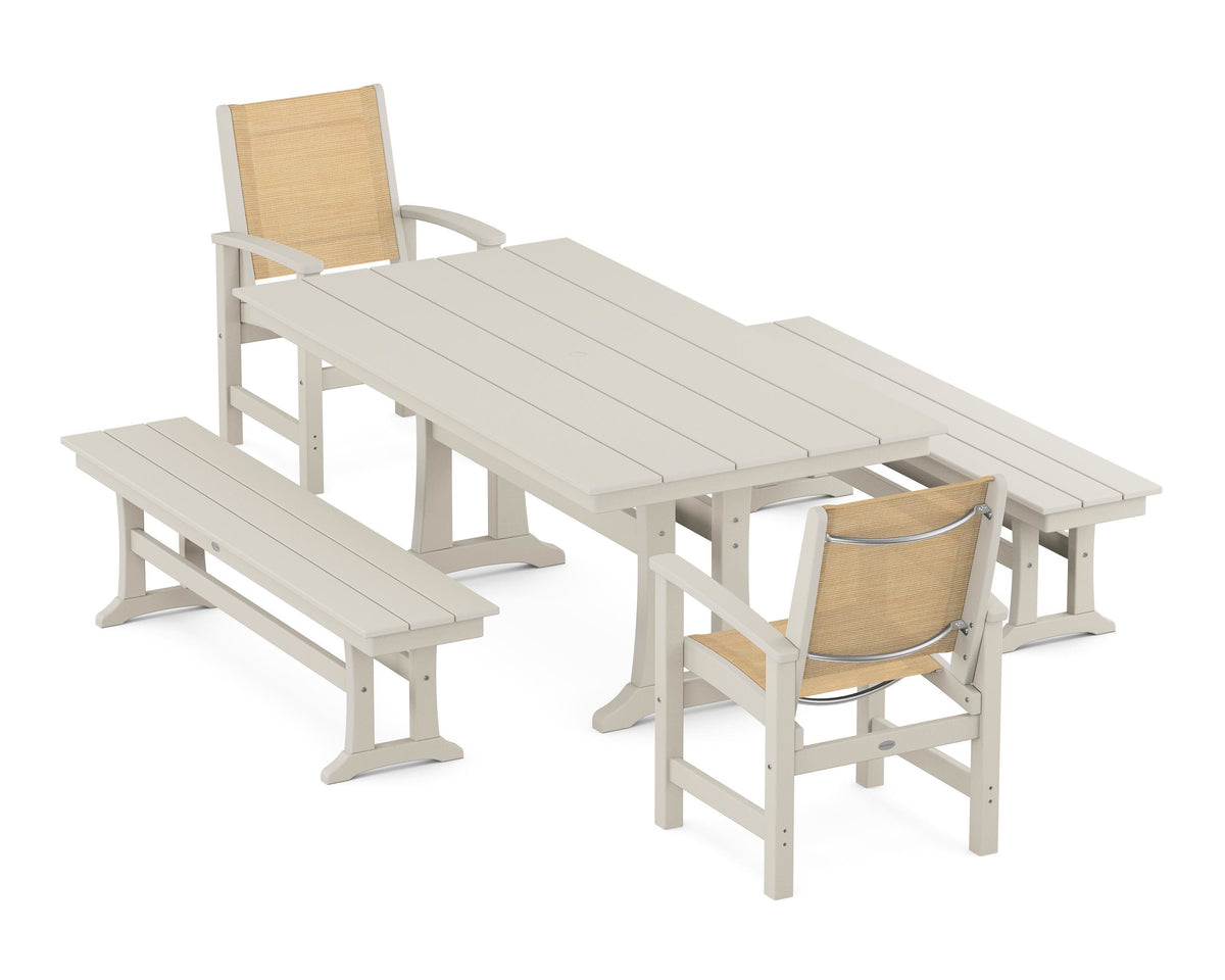 POLYWOOD Coastal 5-Piece Farmhouse Dining Set with Trestle Legs and Benches in Sand / Dupioni Apricot
