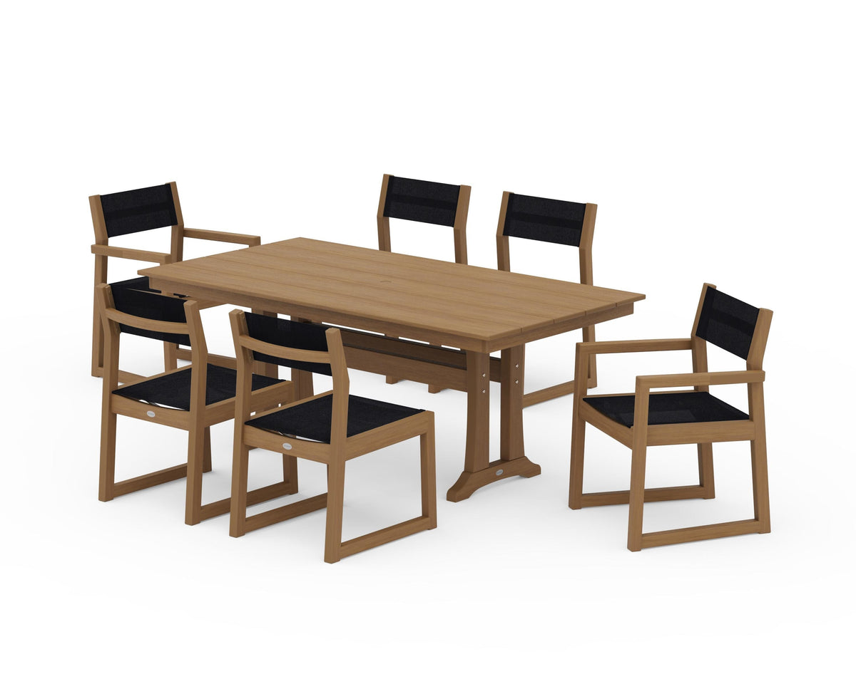 POLYWOOD EDGE Sling 7-Piece Farmhouse Trestle Dining Set in Natural / Black