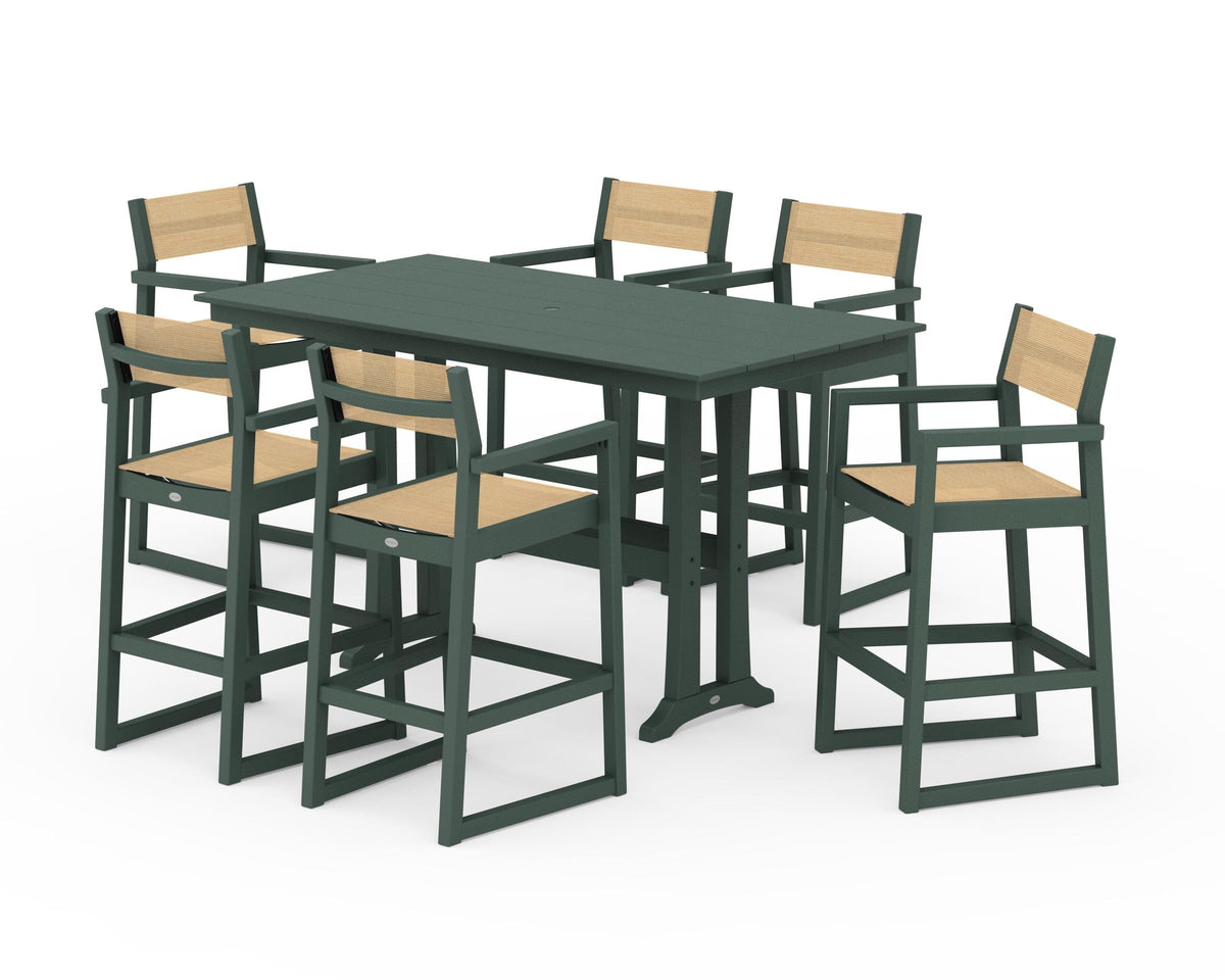 POLYWOOD EDGE Sling Arm Chair 7-Piece Farmhouse Bar Set with Trestle Legs in Green / Dupioni Apricot