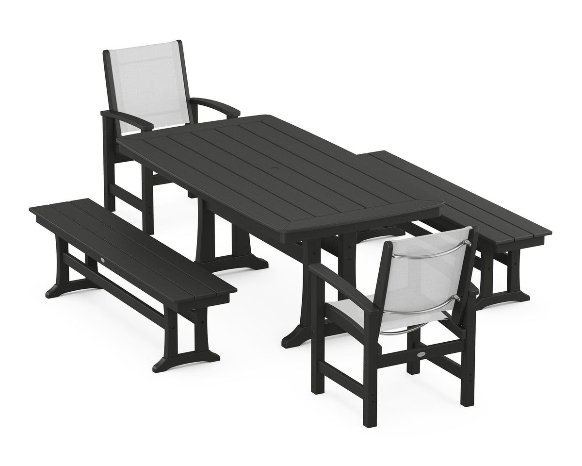 POLYWOOD Coastal 5-Piece Dining Set with Trestle Legs and Benches in Black / White