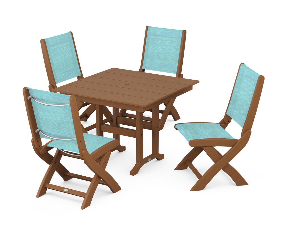 POLYWOOD Coastal Folding Side Chair 5-Piece Farmhouse Dining Set in Teak / Dupioni Aquamarine