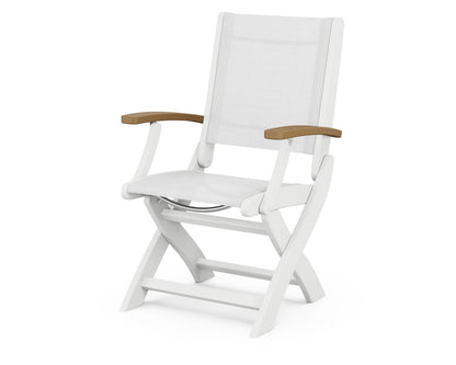 POLYWOOD Coastal Folding Chair in White with Natural arms and White sling