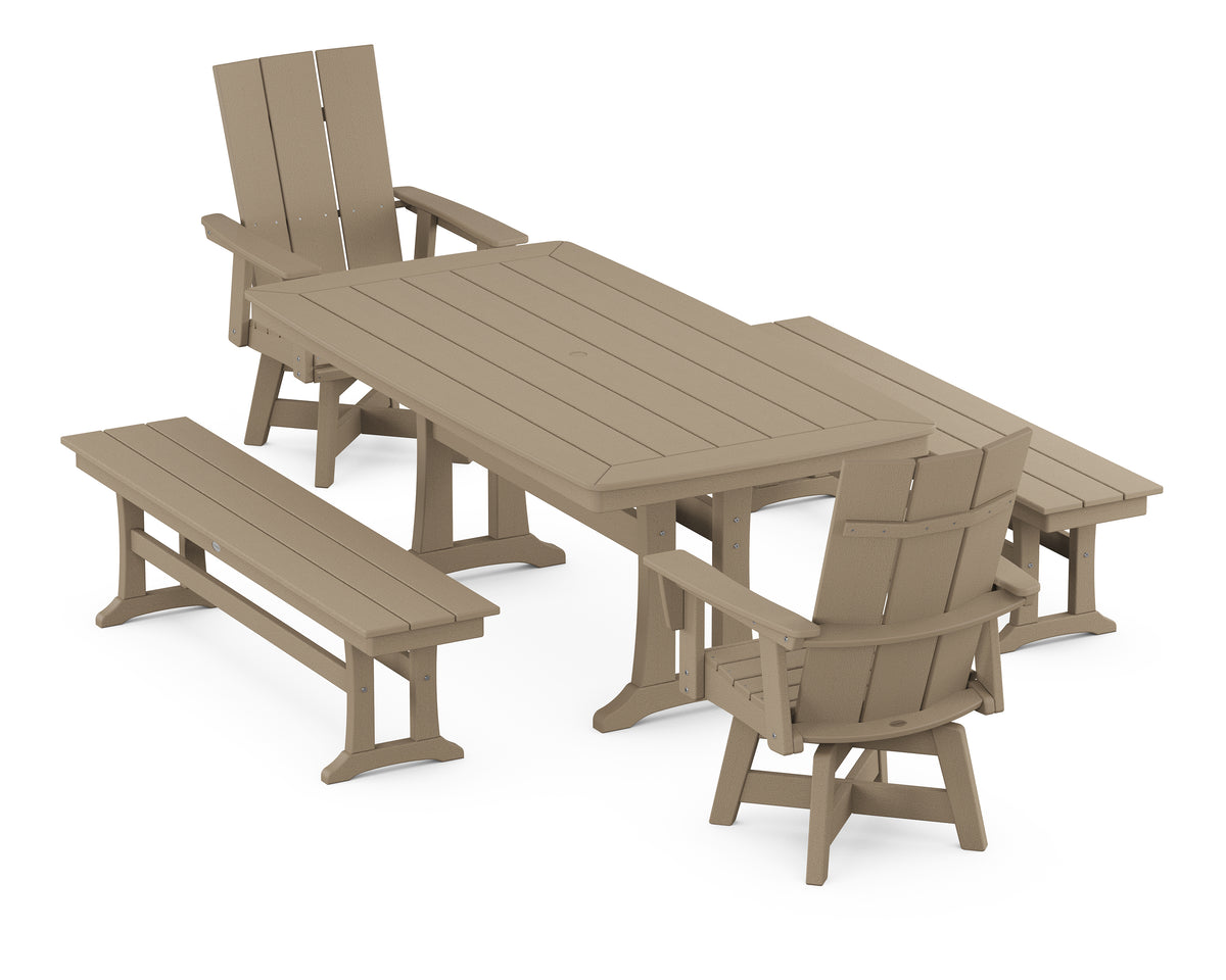 POLYWOOD Modern Curveback Adirondack Swivel Chair 5-Piece Dining Set with Trestle Legs and Benches in Vintage Sahara