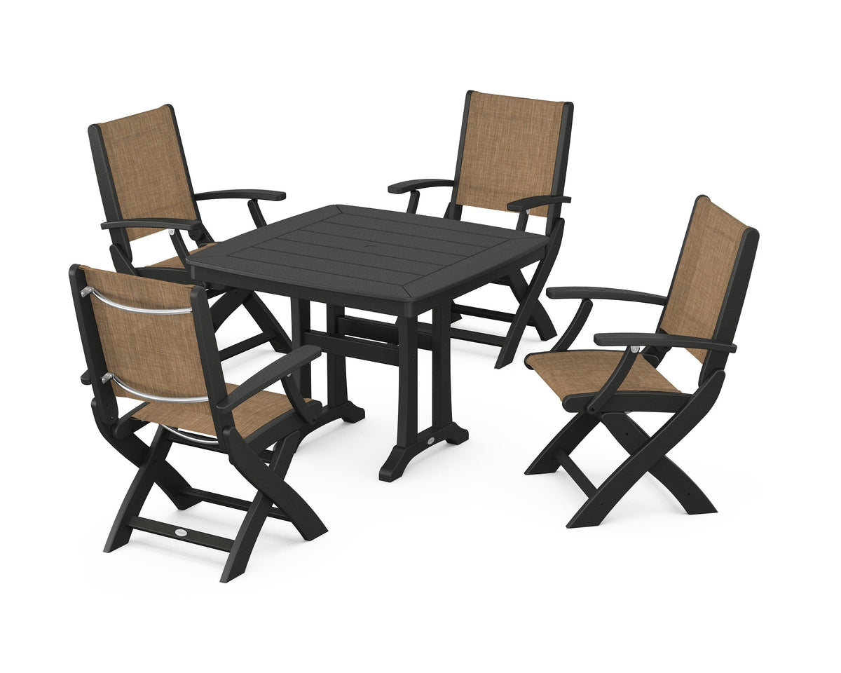 POLYWOOD Coastal Folding Chair 5-Piece Dining Set with Trestle Legs in Black / Burlap