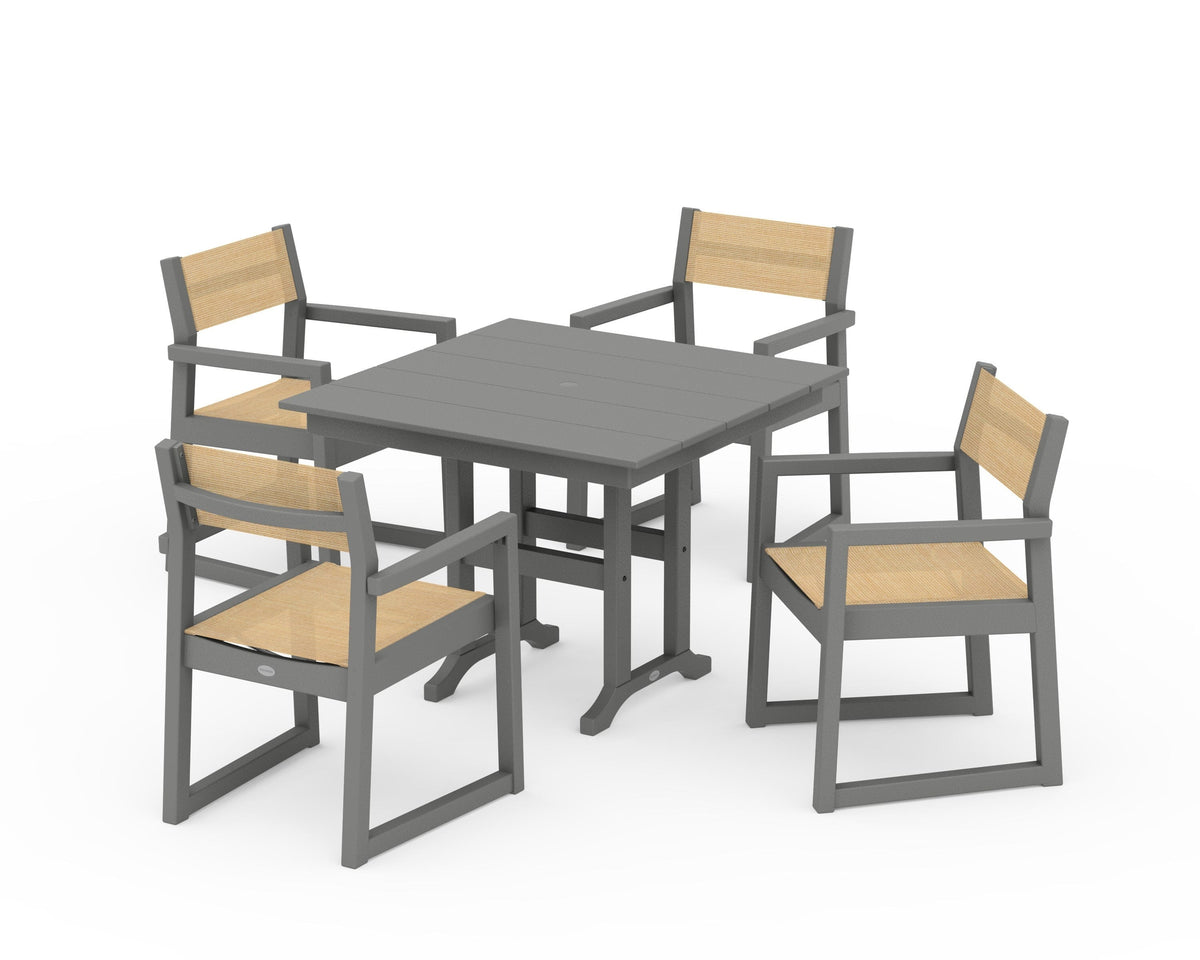 POLYWOOD EDGE Sling Arm Chair 5-Piece Farmhouse Dining Set in Slate Grey / Dupioni Apricot