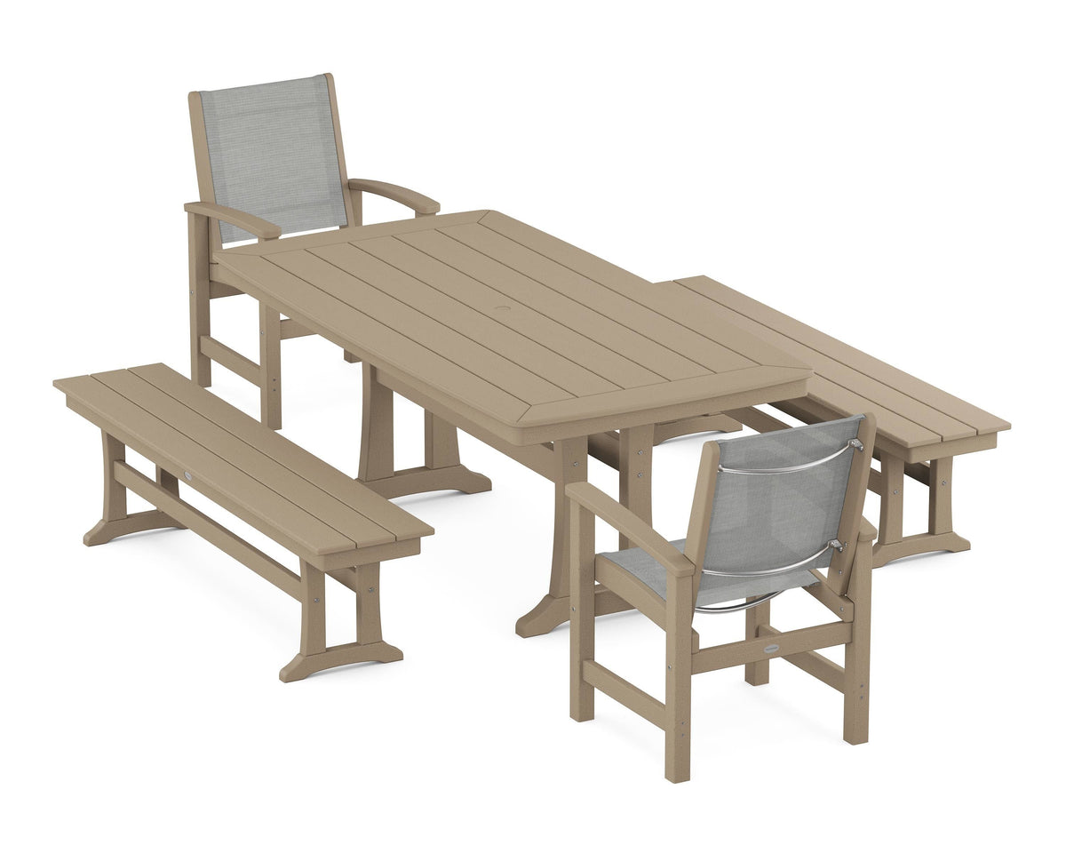 POLYWOOD Coastal 5-Piece Dining Set with Trestle Legs and Benches in Vintage Sahara / Metallic
