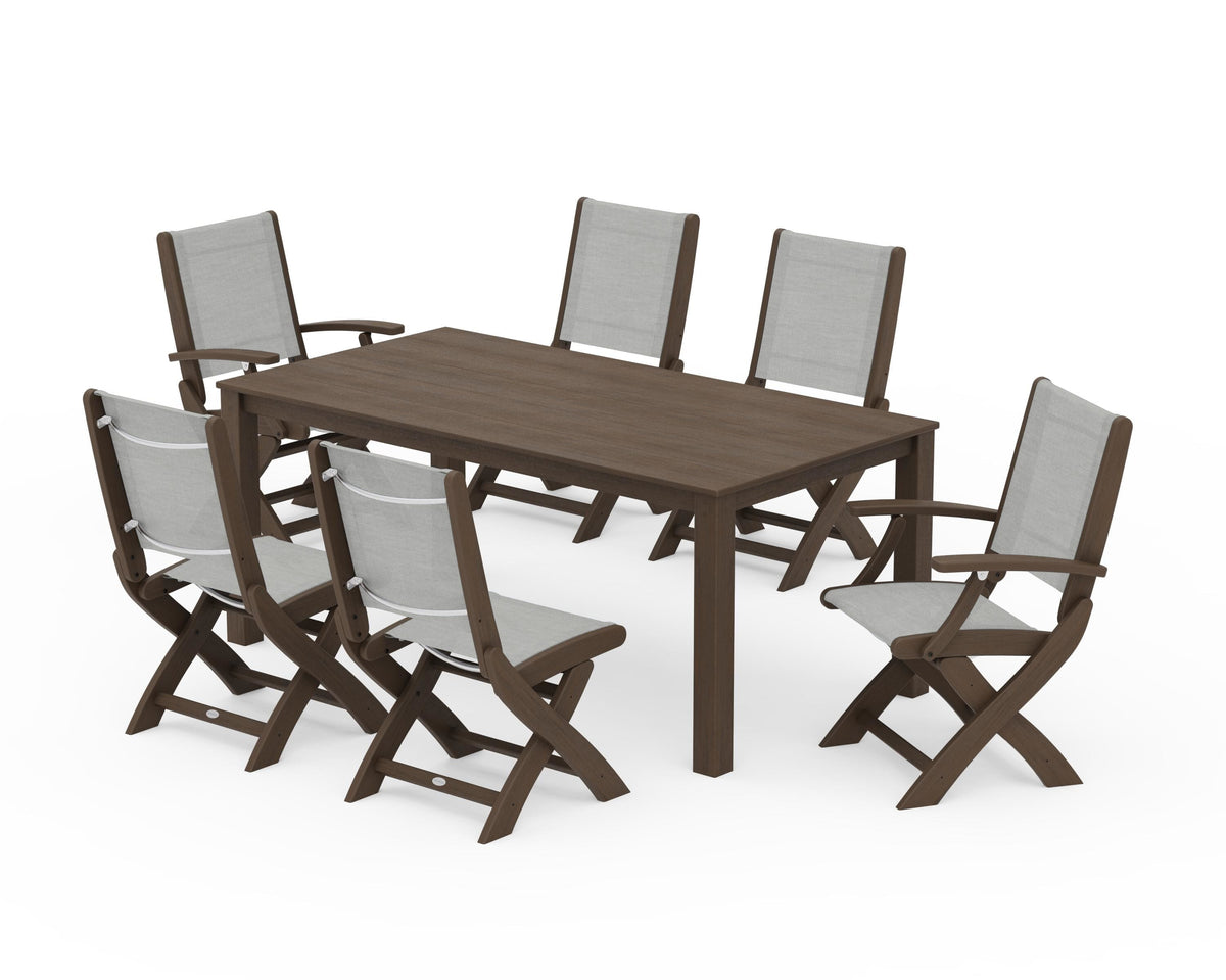 POLYWOOD Coastal Folding Chair 7-Piece Parsons Dining Set with Coastal Folding Side Chair in Kona / Metallic