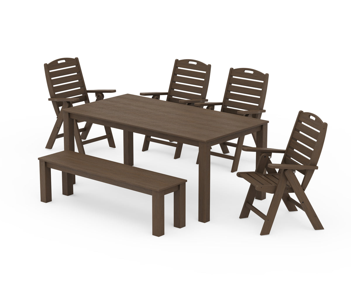 POLYWOOD Nautical Folding Highback Chair 6-Piece Parsons Dining Set with Bench in Kona