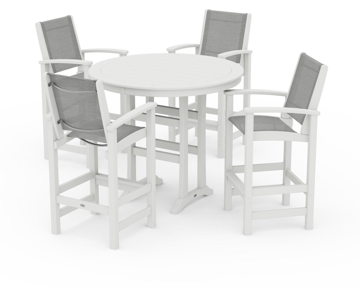 POLYWOOD Coastal 5-Piece Nautical Trestle Bar Set in Vintage White / Metallic