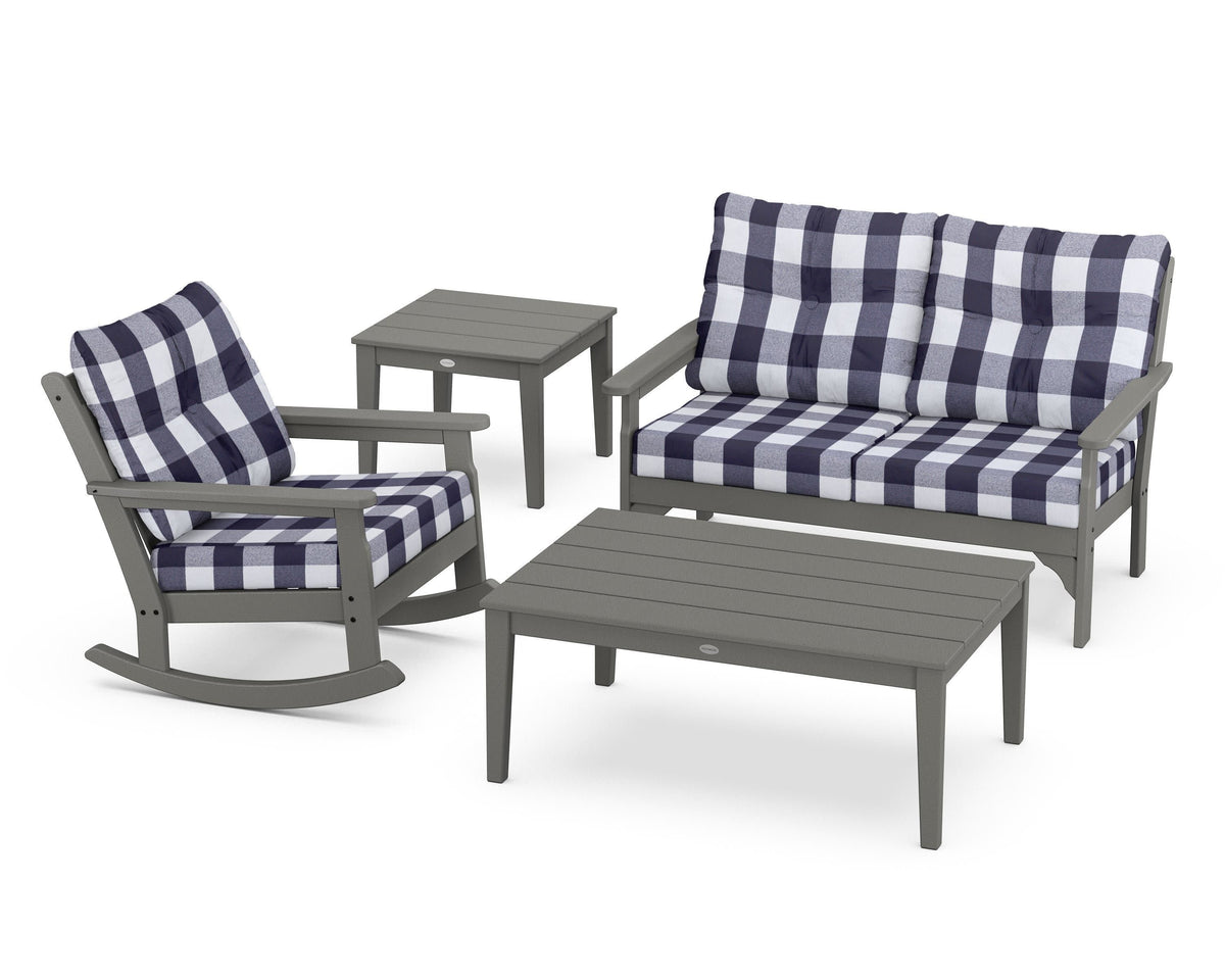 POLYWOOD Vineyard 4-Piece Deep Seating Rocker Set in Slate Grey / Buffalo Plaid Navy