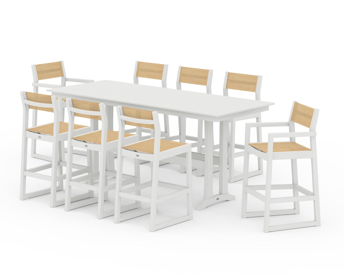 POLYWOOD EDGE Sling 9-Piece Farmhouse Bar Set with Trestle Legs in Vintage White / Dupioni Apricot