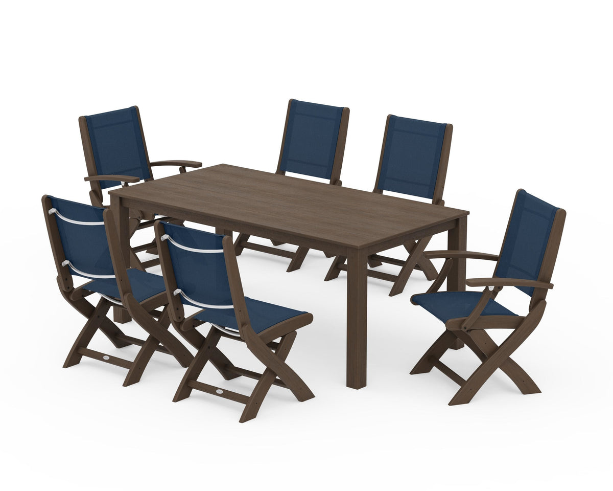 POLYWOOD Coastal Folding Chair 7-Piece Parsons Dining Set with Coastal Folding Side Chair in Kona / Navy Blue