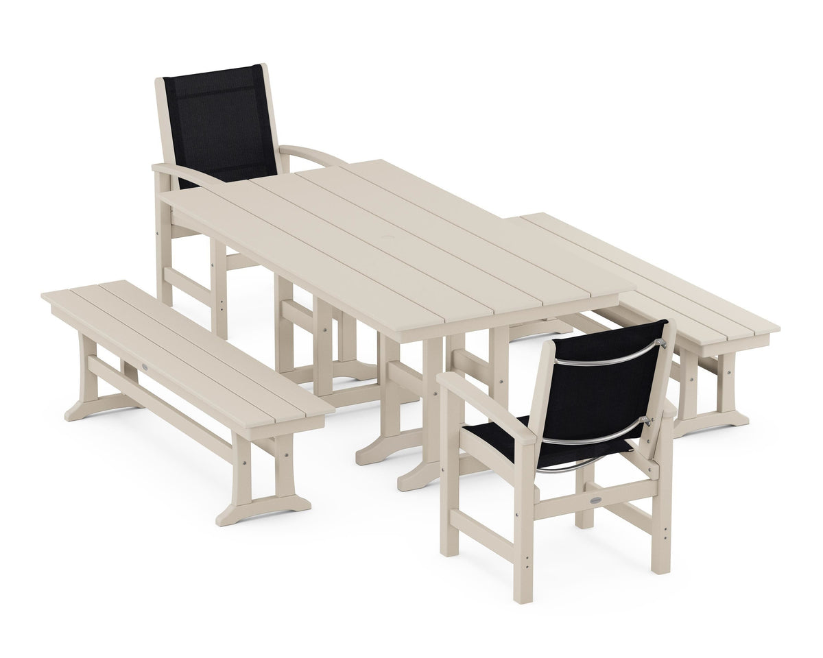 POLYWOOD Coastal 5-Piece Farmhouse Dining Set with Farmhouse 37" x 72" Dining Table in Sand / Black