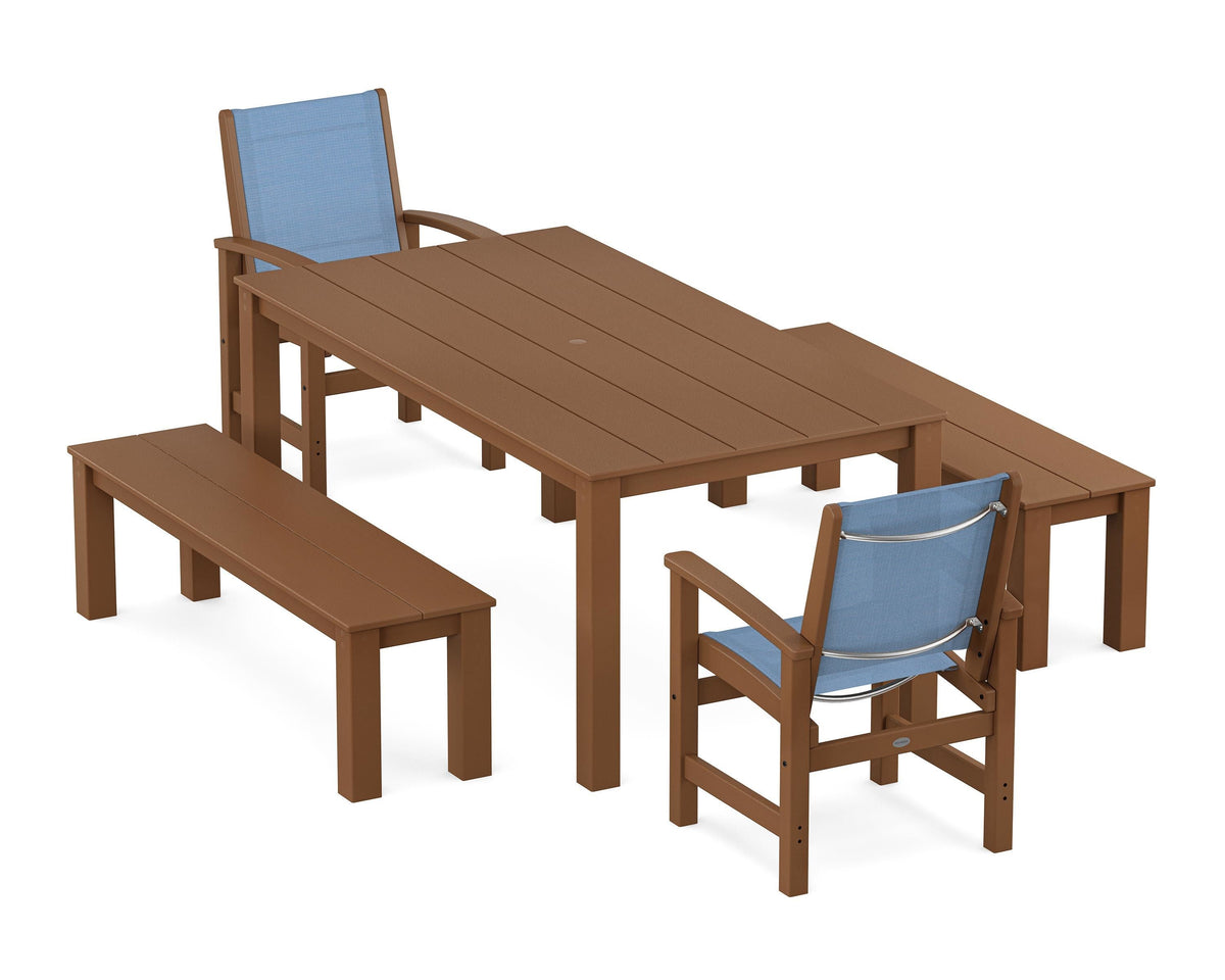 POLYWOOD Coastal 5-Piece Parsons Dining Set with Benches in Teak / Poolside