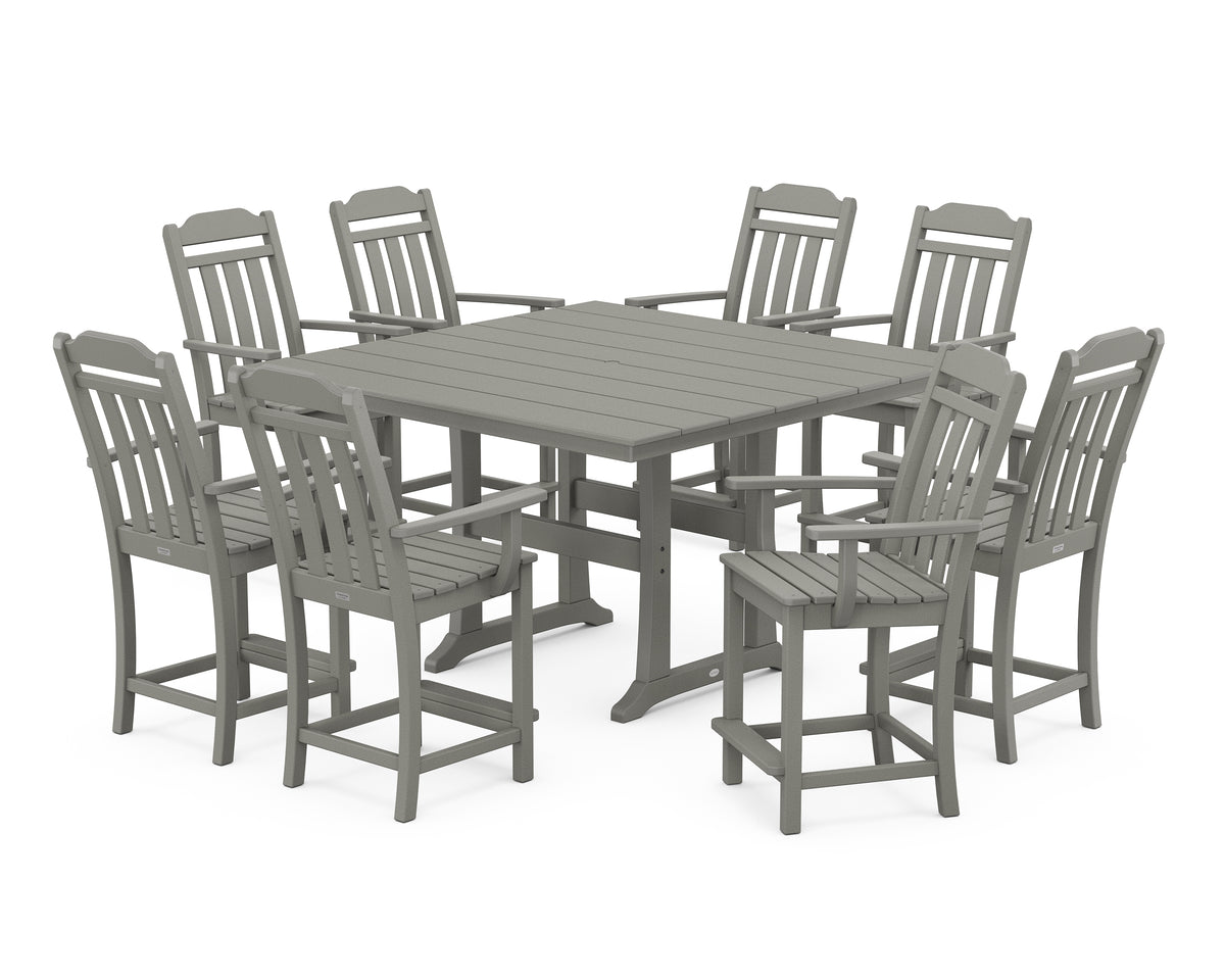 POLYWOOD Country Living Cottage 9-Piece Square Farmhouse Counter Set with Trestle Legs in Slate Grey