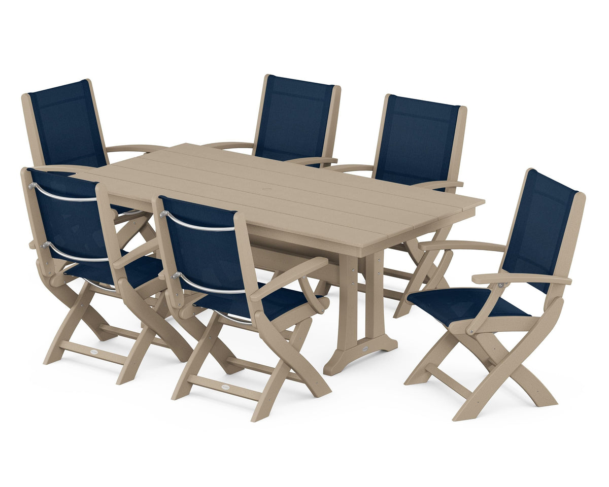 POLYWOOD Coastal Folding Arm Chair 7-Piece Farmhouse Dining Set with Trestle Legs in Vintage Sahara / Navy Blue
