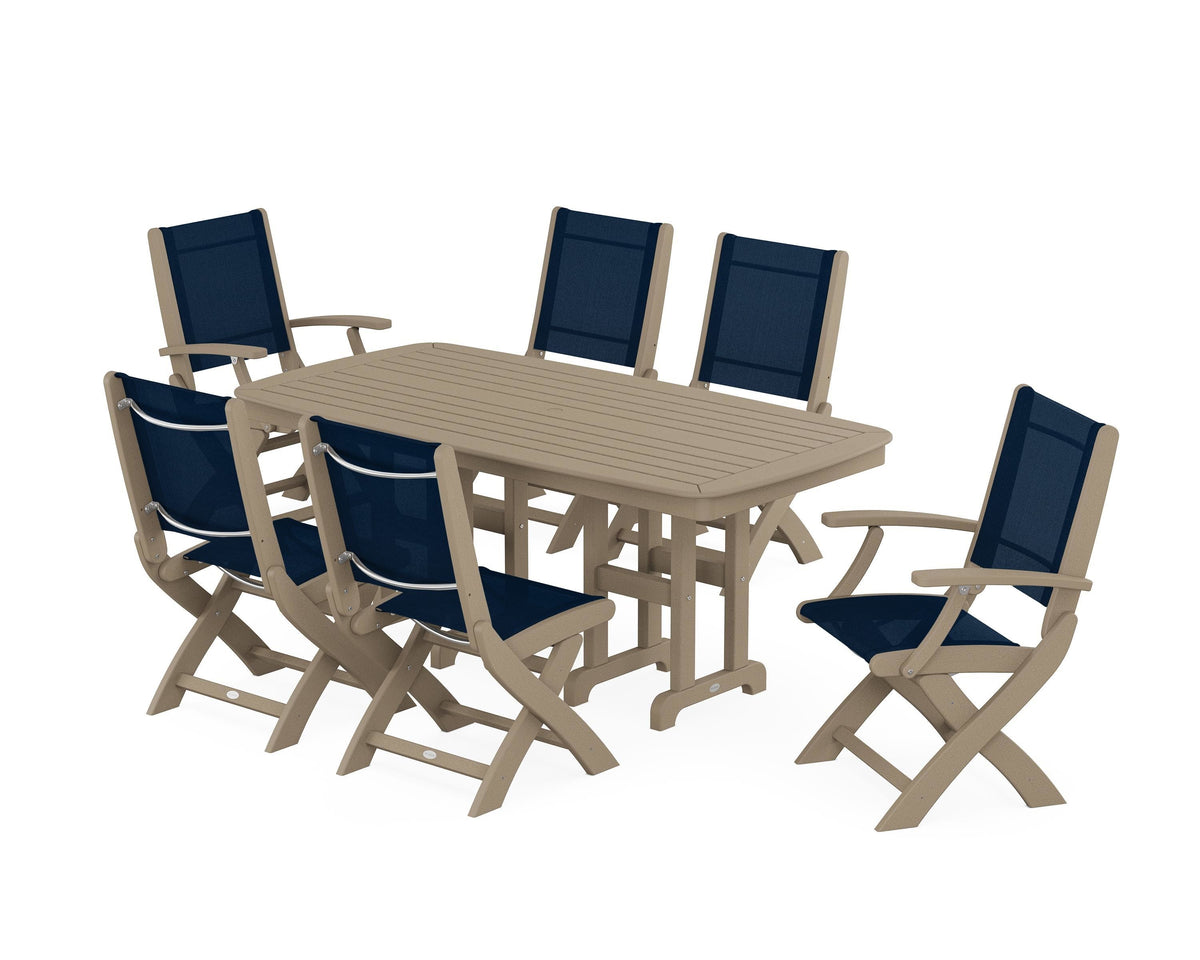 POLYWOOD Coastal Folding Chair 7-Piece Dining Set in Vintage Sahara / Navy Blue