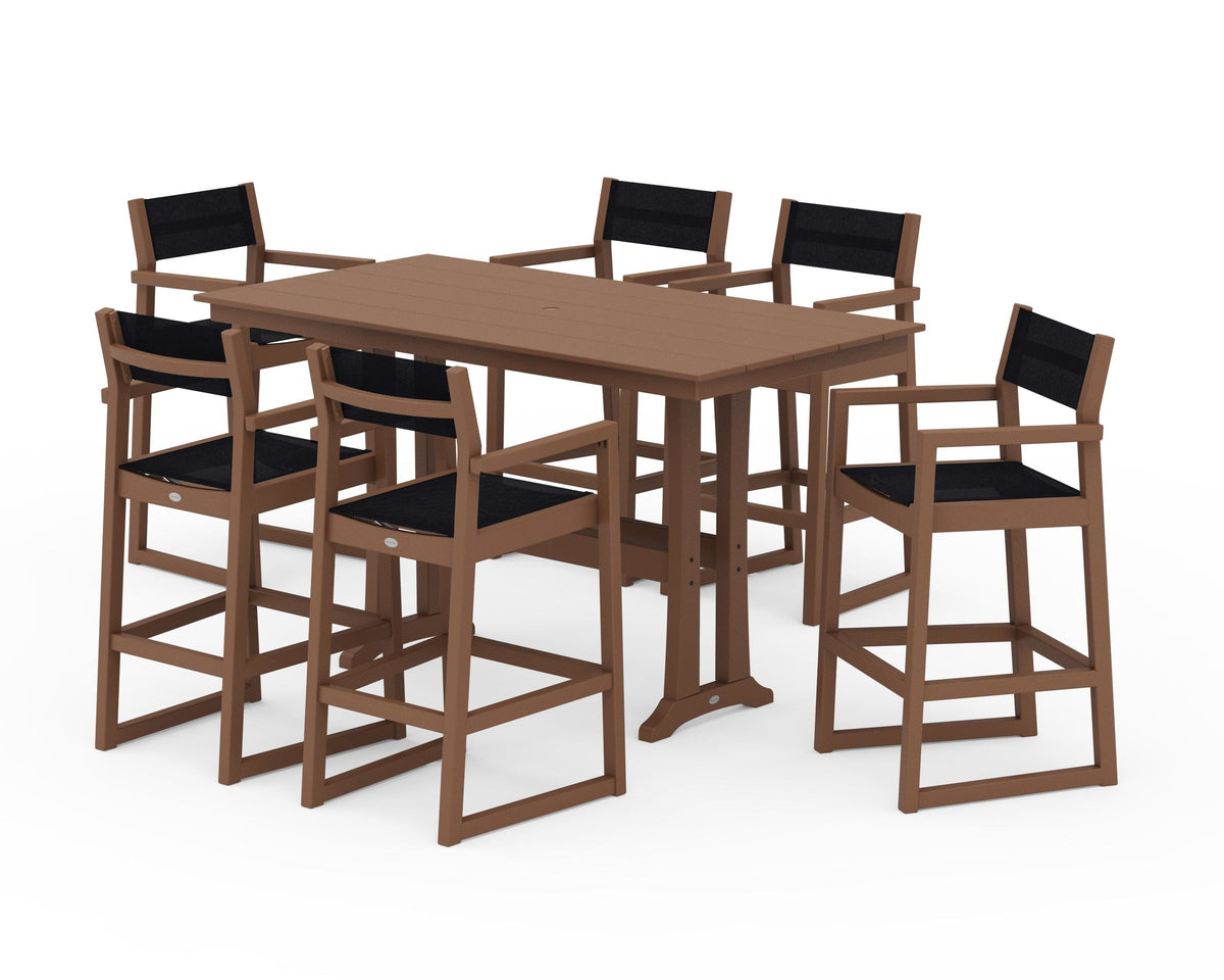 POLYWOOD EDGE Sling Arm Chair 7-Piece Farmhouse Bar Set with Trestle Legs in Teak / Black