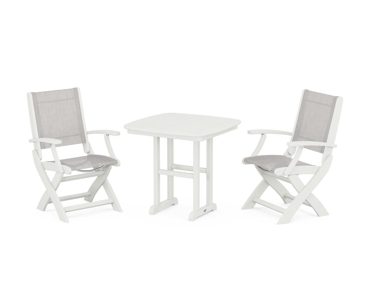 POLYWOOD Coastal Folding Chair 3-Piece Dining Set in Vintage White / Parchment