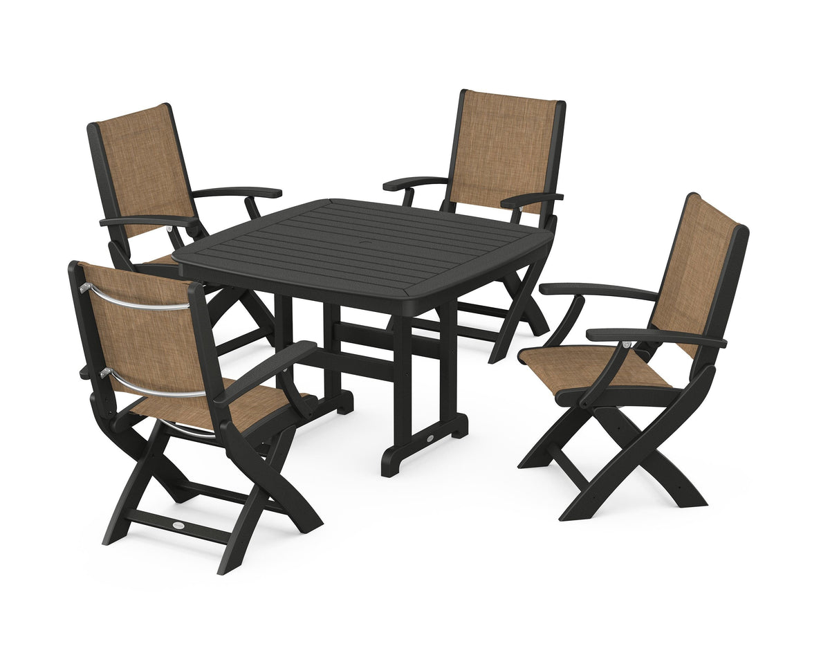 POLYWOOD Coastal Folding Chair 5-Piece Dining Set with Nautical 44" Dining Table in Black / Burlap