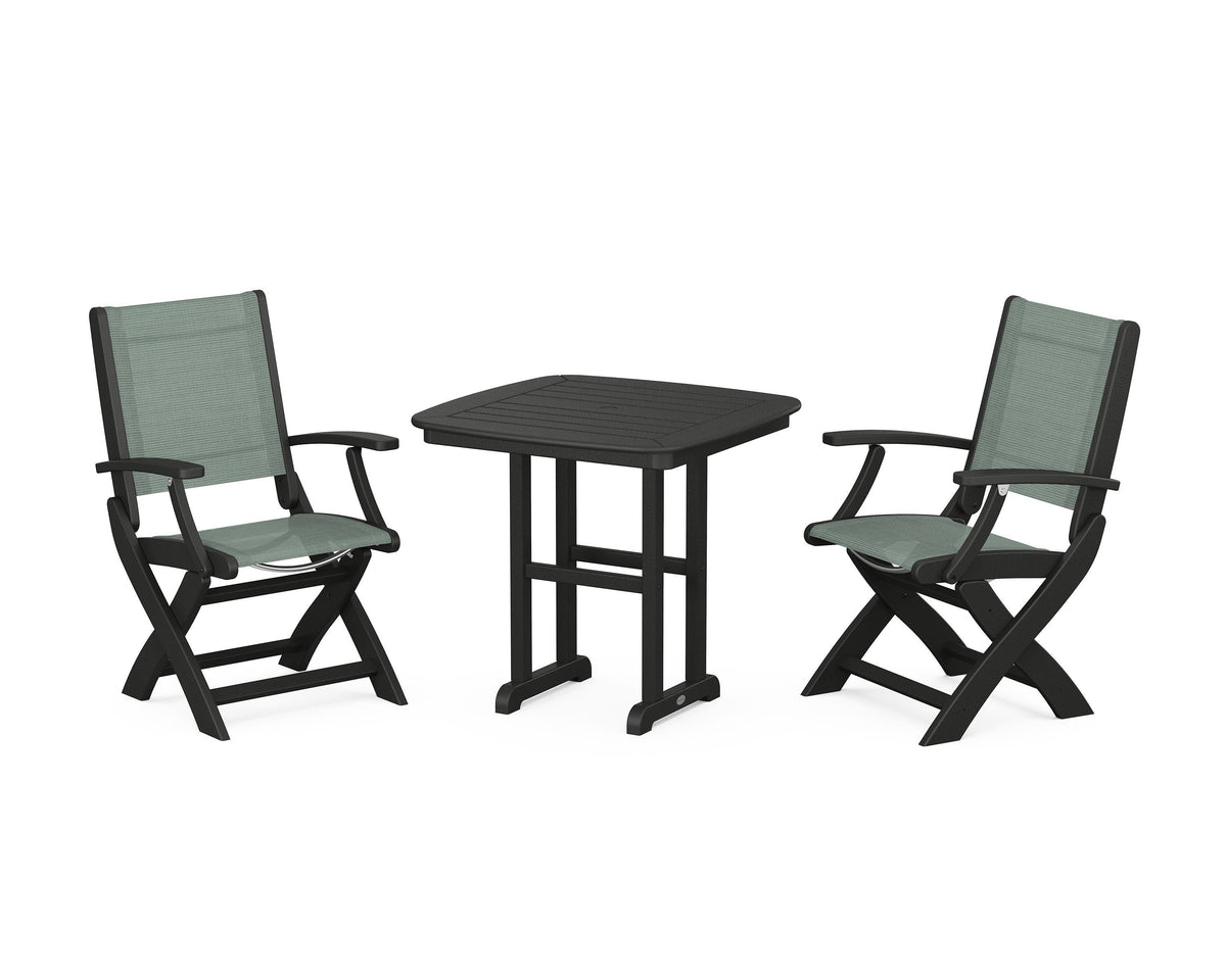 POLYWOOD Coastal Folding Chair 3-Piece Dining Set in Black / Dupioni Sea Mist