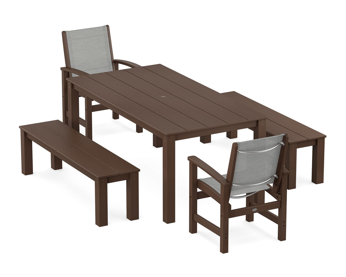 POLYWOOD Coastal 5-Piece Parsons Dining Set with Benches in Mahogany / Metallic