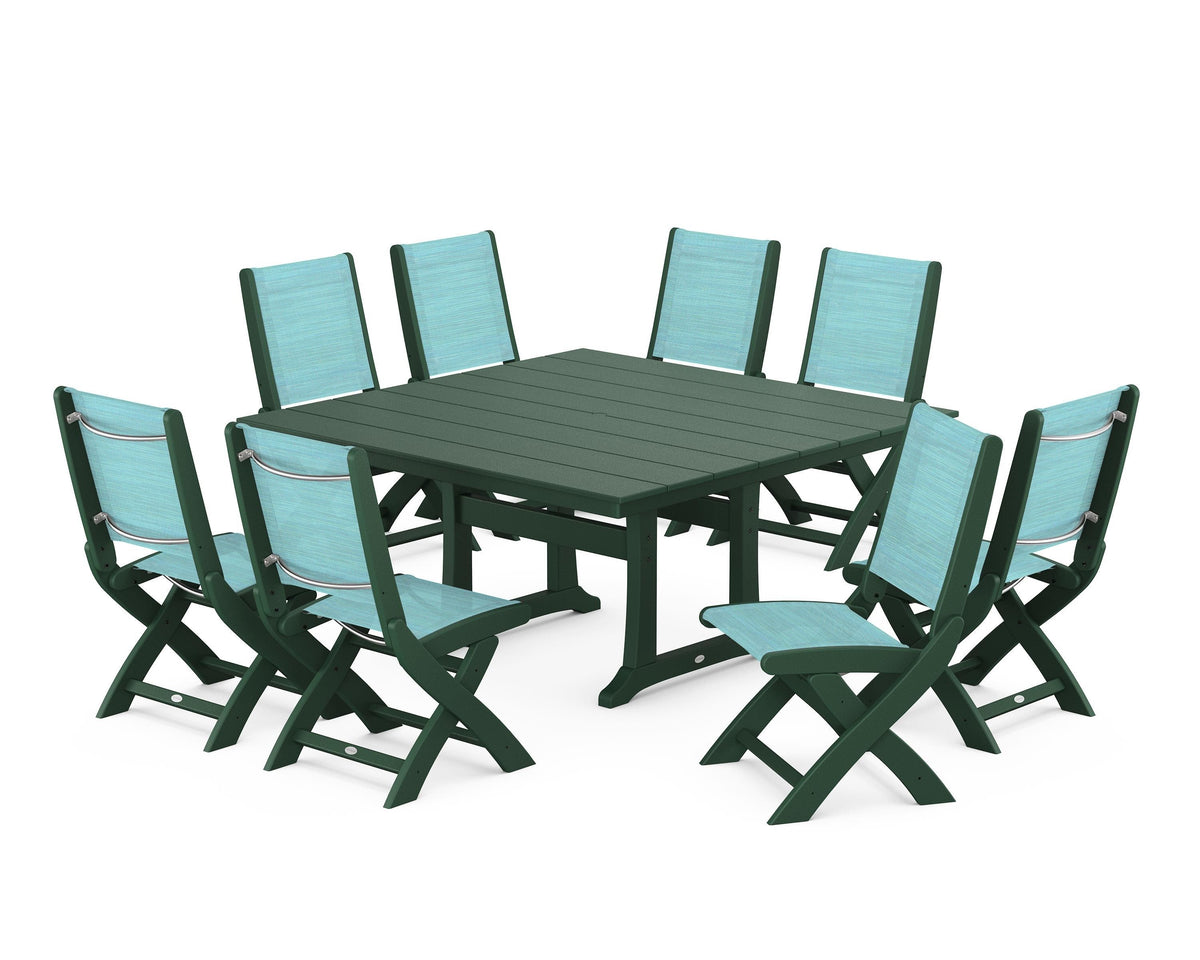 POLYWOOD Coastal Folding Side Chair 9-Piece Farmhouse Dining Set in Green / Dupioni Aquamarine