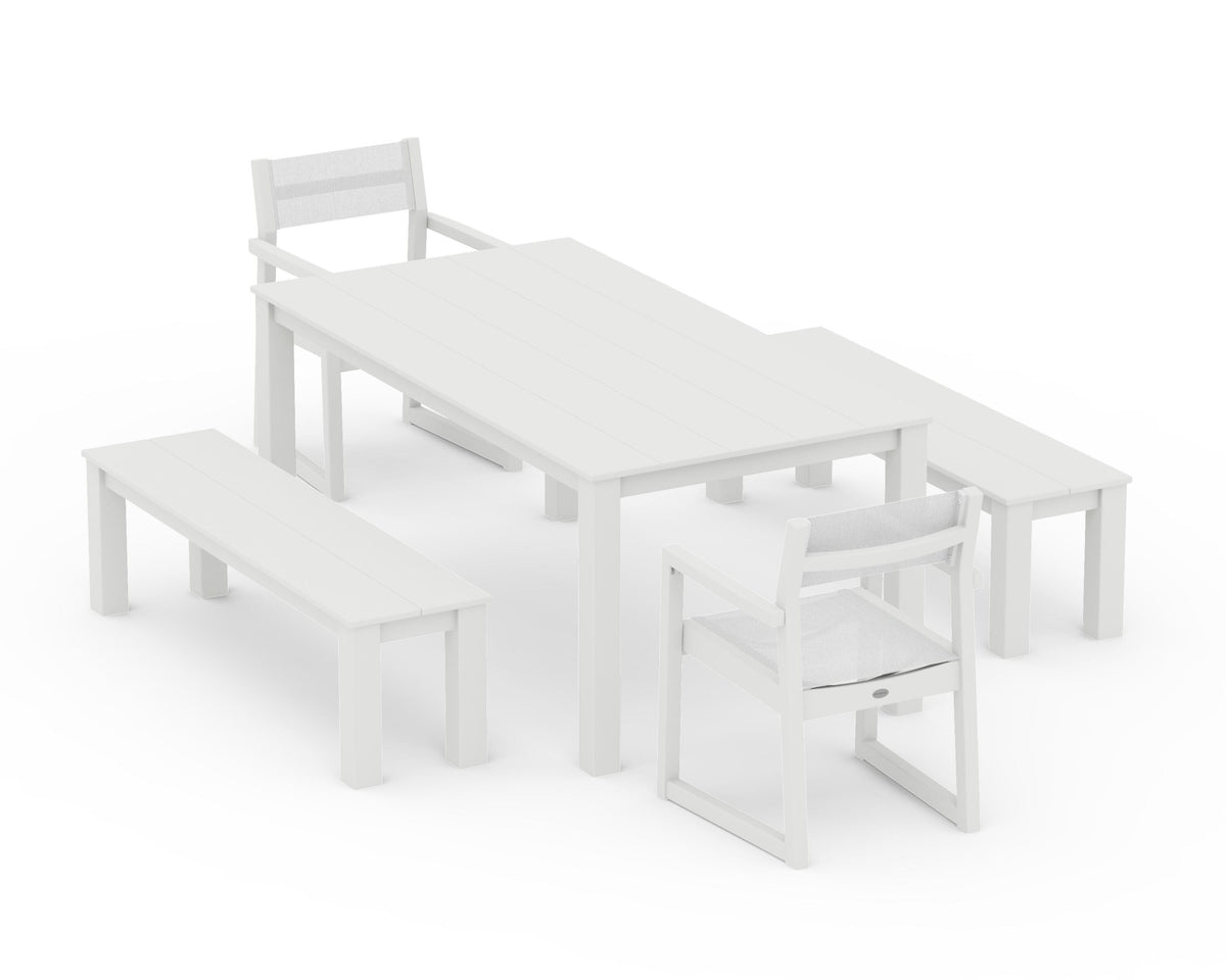 POLYWOOD EDGE Sling Arm Chair 5-Piece Parsons Dining Set with Benches in Vintage White / White