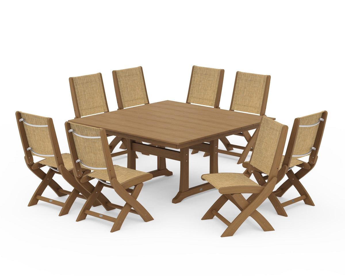POLYWOOD Coastal Folding Side Chair 9-Piece Farmhouse Dining Set in Natural / Burlap