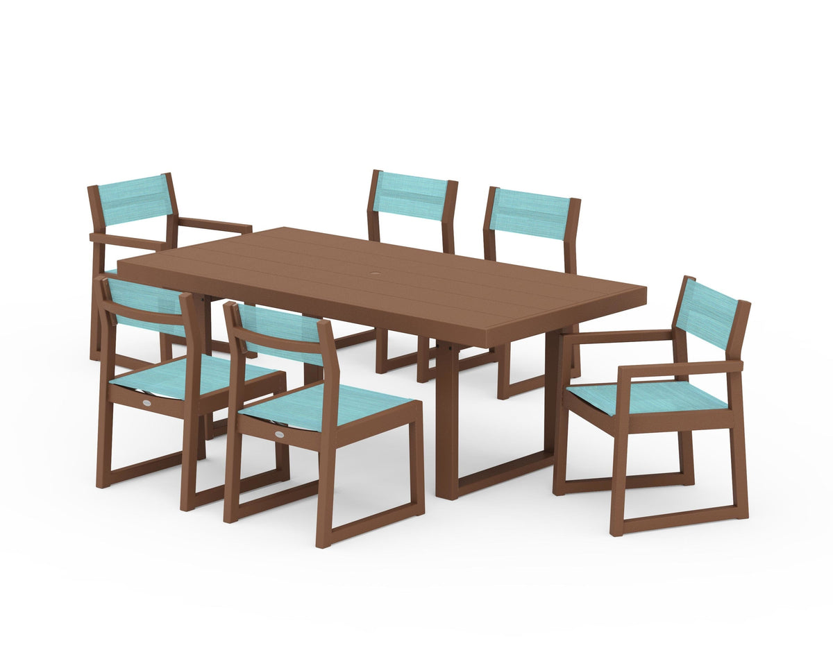 POLYWOOD EDGE Sling 7-Piece Dining Set in Teak / Dupioni Aquamarine