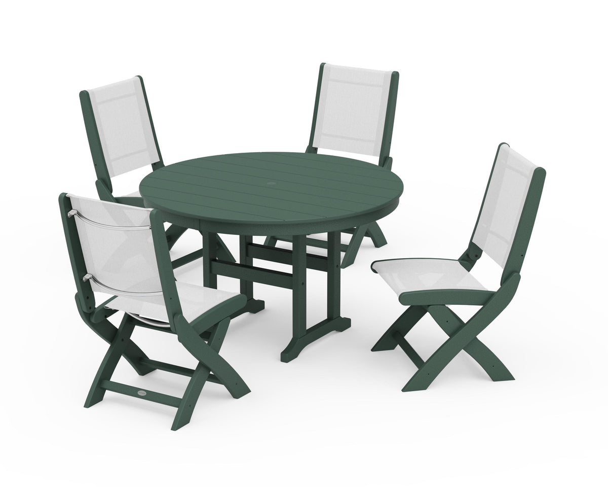 POLYWOOD Coastal Folding Side Chair 5-Piece Round Dining Set in Green / White