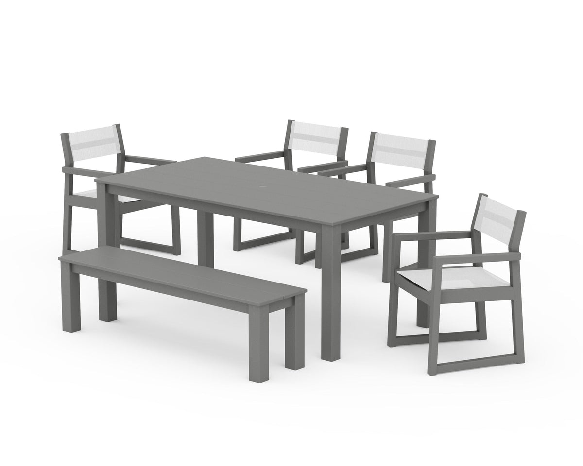 POLYWOOD EDGE Sling Arm Chair 6-Piece Parsons Dining Set with Bench in Slate Grey / White