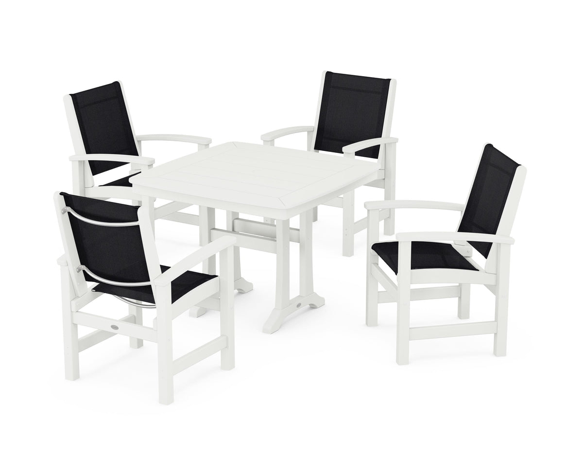POLYWOOD Coastal 5-Piece Dining Set with Trestle Legs with Nautical Trestle 37" Dining Table in Vintage White / Black