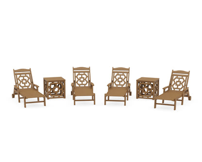 POLYWOOD Chinoiserie 6-Piece Chaise Set with Umbrella Stand Accent Table in Natural