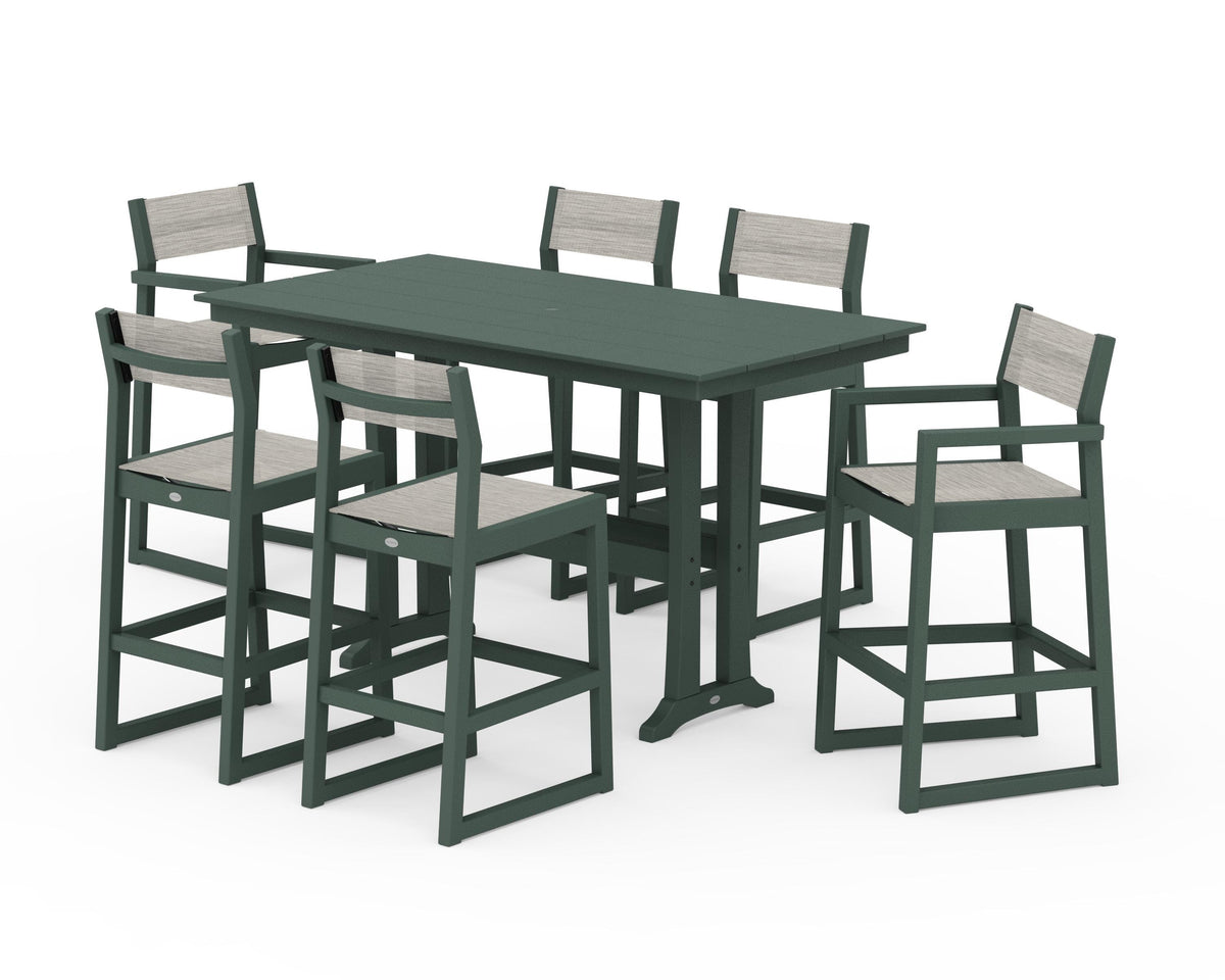 POLYWOOD EDGE Sling 7-Piece Farmhouse Bar Set with Trestle Legs in Green / Birch