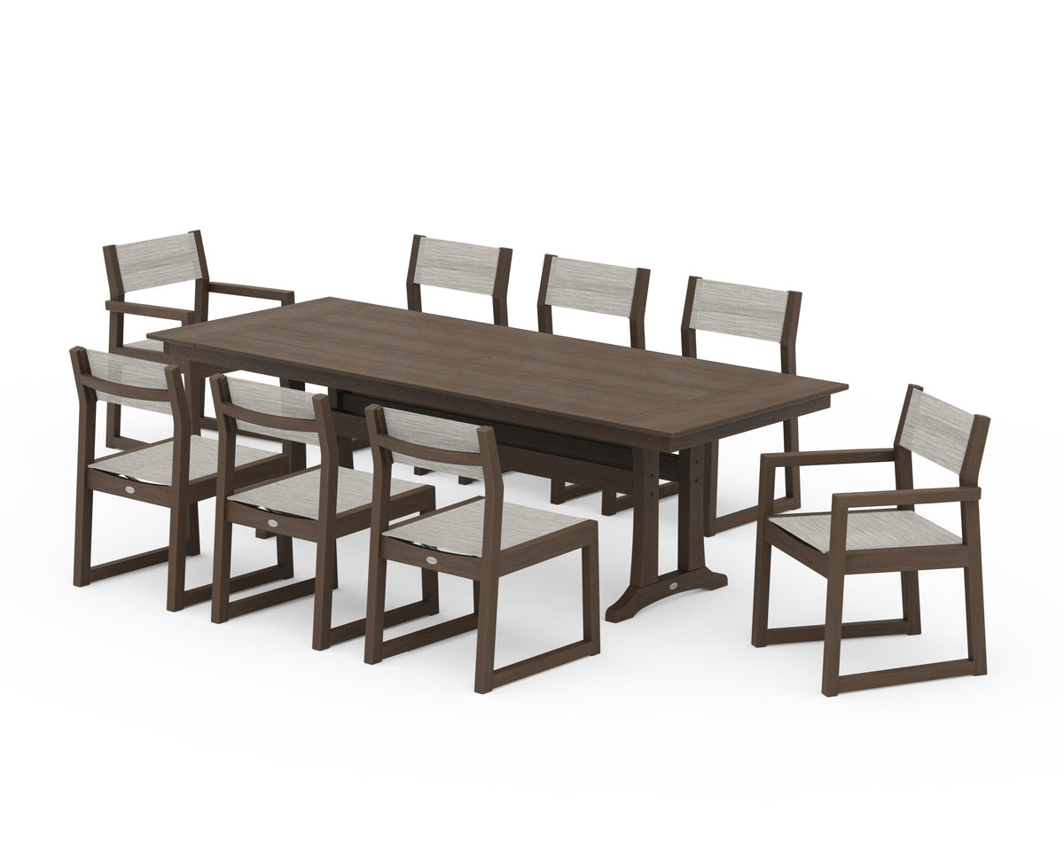 POLYWOOD EDGE Sling 9-Piece Farmhouse Trestle Dining Set in Kona / Birch